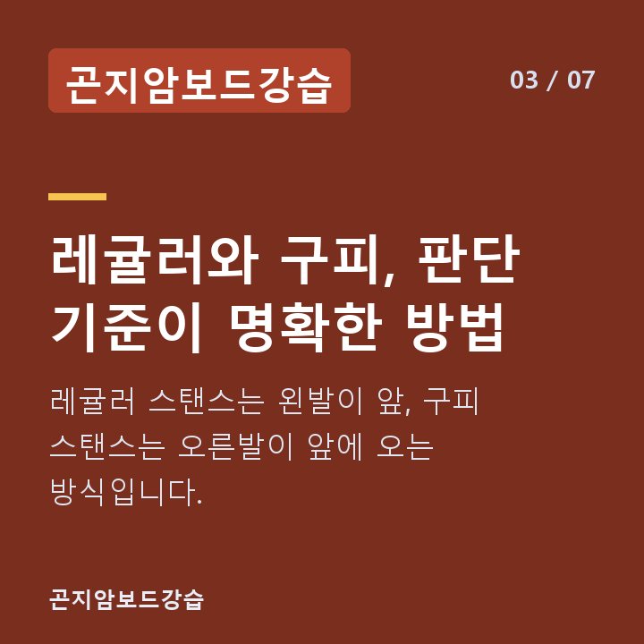 곤지암보드강습 레귤러와 구피, 판단 기준이 명확한 방법 — 레귤러 스탠스는 왼발이 앞, 구피 스탠스는 오른발이 앞에 오는 방식입니다.